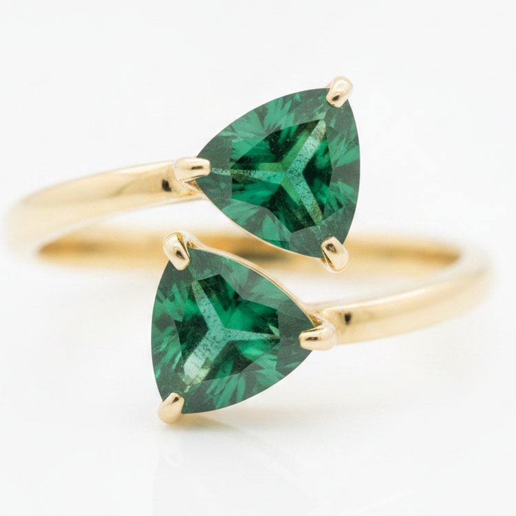 Bague de Fiançailles Taille Émeraude 1,19 Carat Véritable Colombienne Trillion Deux Pierres en Or Jaune 18 Carats