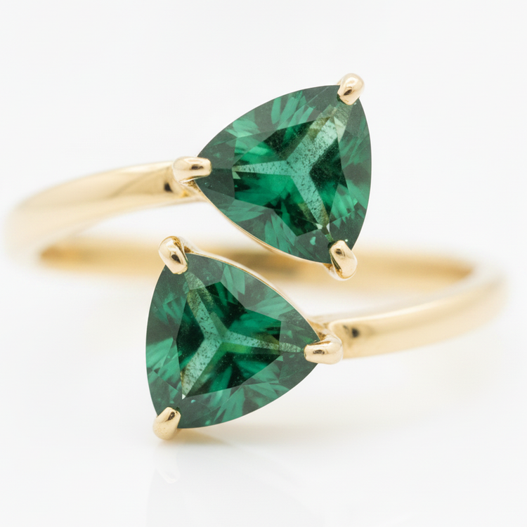 Bague de Fiançailles Taille Émeraude 1,19 Carat Véritable Colombienne Trillion Deux Pierres en Or Jaune 18 Carats