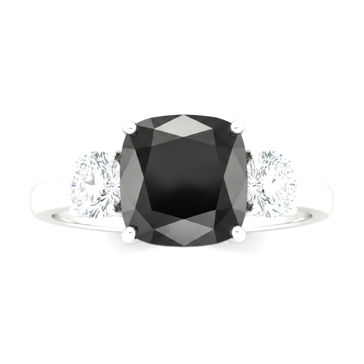 Bague de Fiançailles Trois Pierres en Or Blanc 14 Carats avec Diamant Noir Véritable Taille Coussin 6 Carats