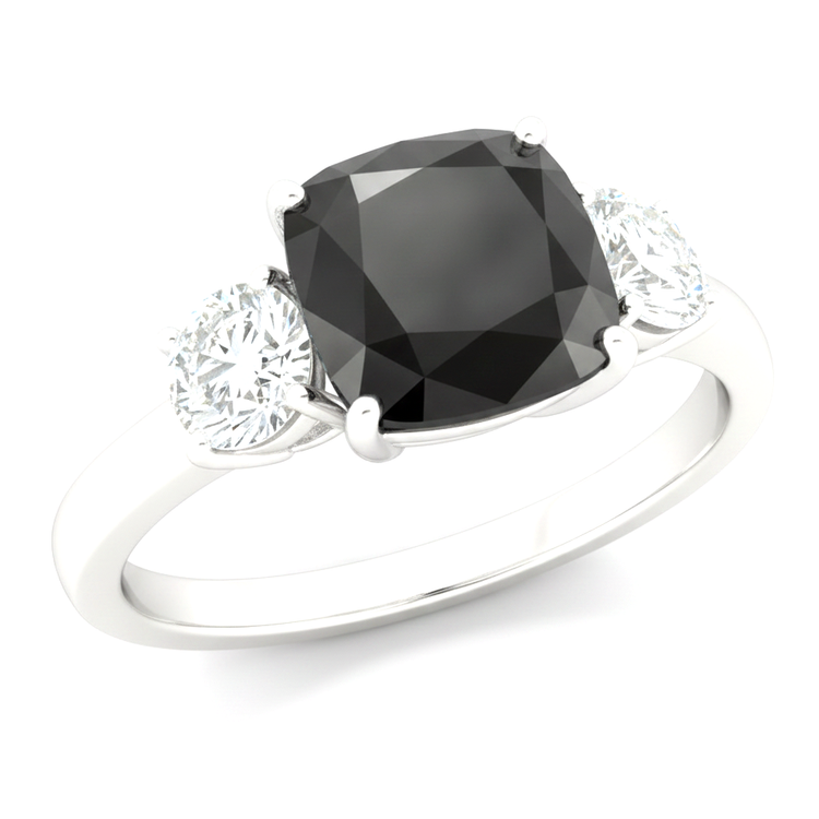 Bague de Fiançailles Trois Pierres en Or Blanc 14 Carats avec Diamant Noir Véritable Taille Coussin 6 Carats