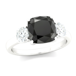 Bague de Fiançailles Trois Pierres en Or Blanc 14 Carats avec Diamant Noir Véritable Taille Coussin 6 Carats