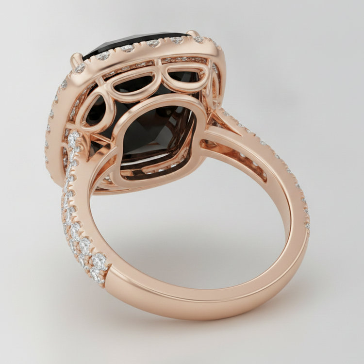 Bague de Fiançailles Halo Coussin en Diamant Noir Véritable 7,2 Carats en Or Rose 14K