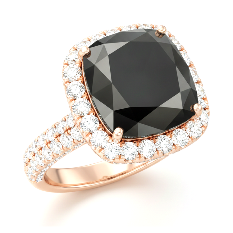 Bague de Fiançailles Halo avec Véritable Diamant Noir Coussin de 7,2 Carats en Or Rose 14 Carats