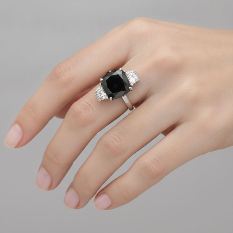 Bague de Fiançailles Trois Pierres en Or Blanc 14 Carats avec Véritable Diamant Sombre Coussin et Trapèzes Noirs 4,6 Carats