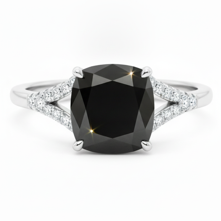 Bague en diamant noir véritable 3,2 carats taille coussin pavée cathédrale en Or Blanc 14 carats