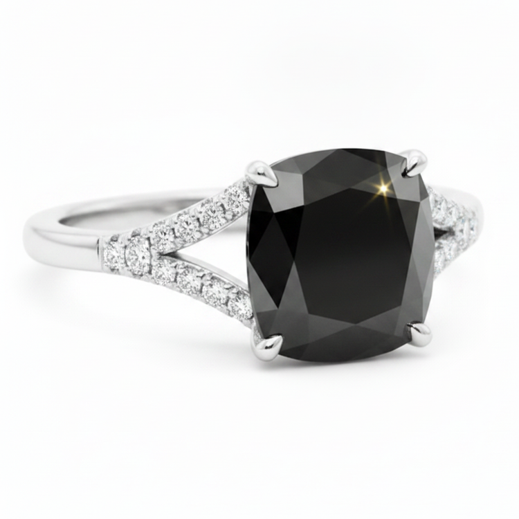 Bague en diamant noir véritable 3,2 carats taille coussin pavée cathédrale en Or Blanc 14 carats