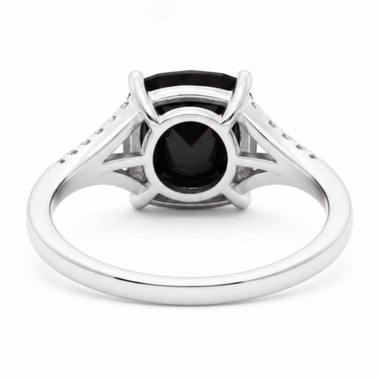 Bague en diamant noir véritable 3,2 carats taille coussin pavée cathédrale en Or Blanc 14 carats