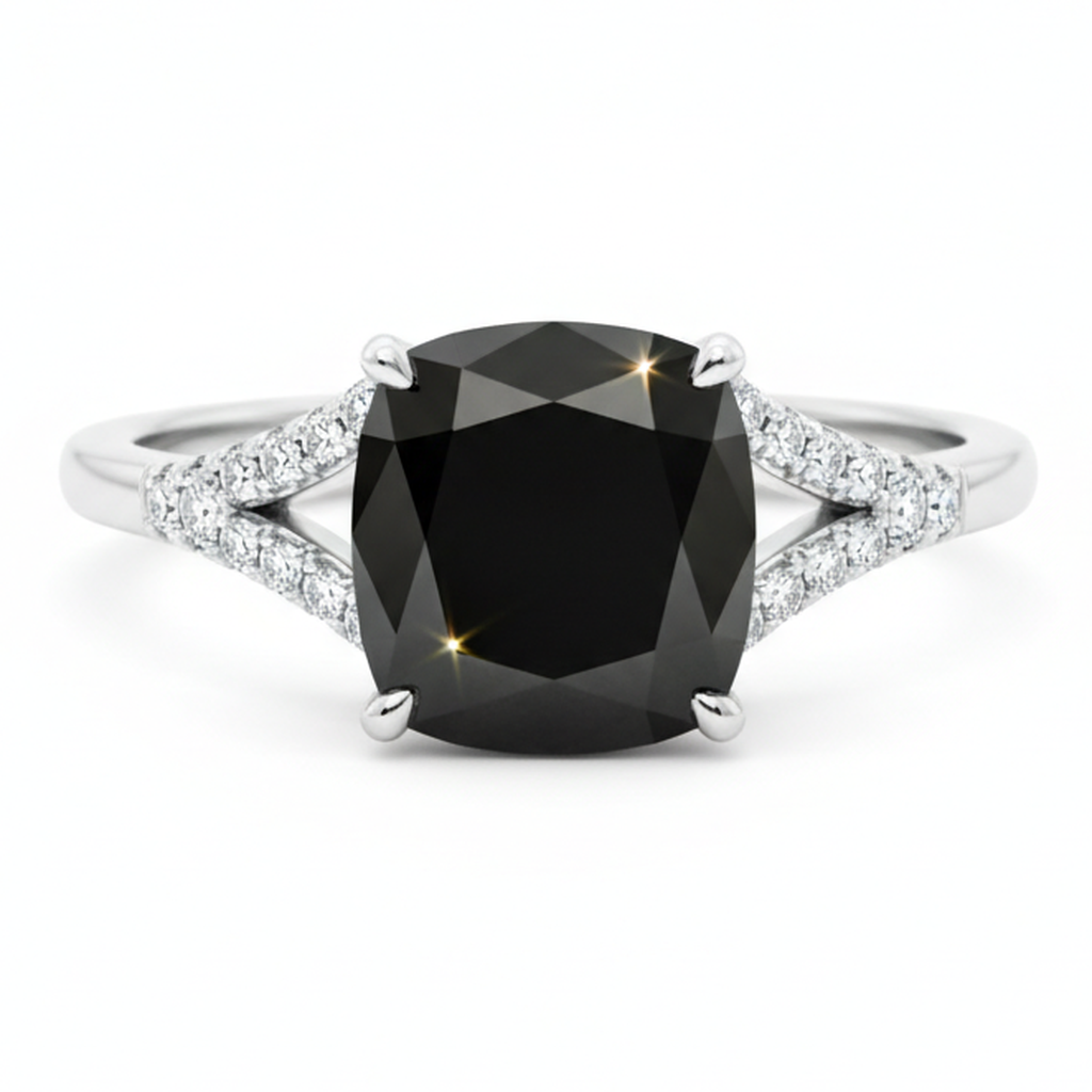 Bague en diamant noir véritable 3,2 carats taille coussin pavée cathédrale en Or Blanc 14 carats