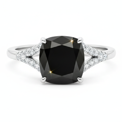 Bague en diamant noir véritable 3,2 carats taille coussin pavée cathédrale en Or Blanc 14 carats