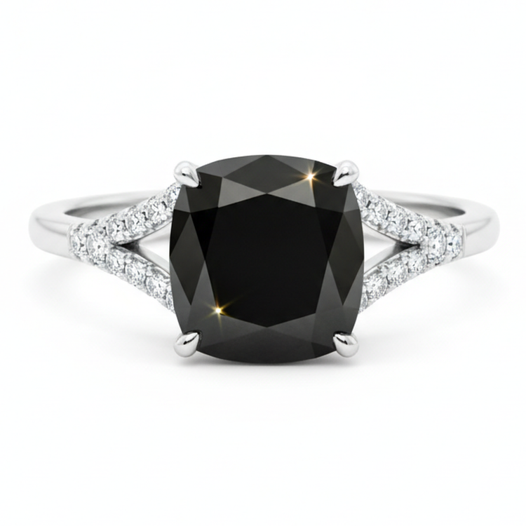 Bague en diamant noir véritable 3,2 carats taille coussin pavée cathédrale en Or Blanc 14 carats