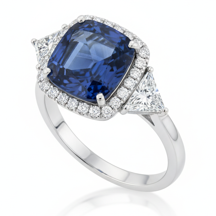 Bague de Fiançailles Halo en Platine avec Saphir Bleu Naturel Taille Coussin 3,5 Carats