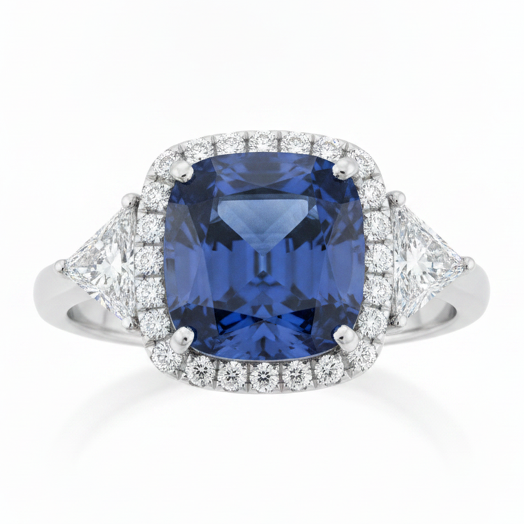 Bague de Fiançailles Halo en Platine avec Saphir Bleu Naturel Coussin 3,5 Carats