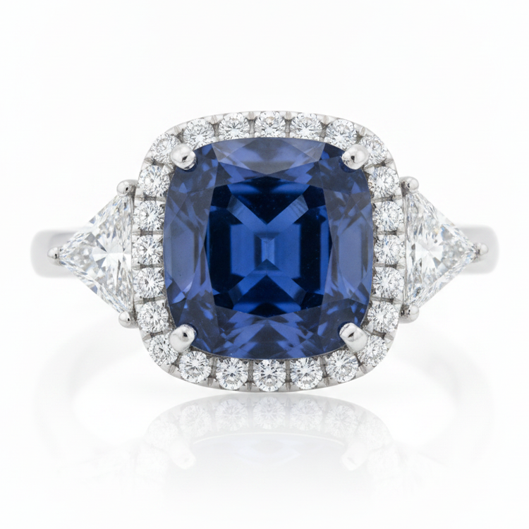 Bague de Fiançailles Halo en Platine avec Saphir Bleu Naturel Taille Coussin 3,5 Carats