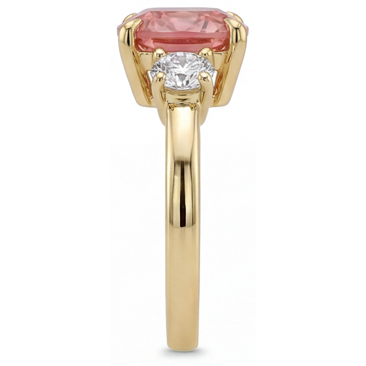 Bague de Fiançailles en Or Jaune 14K avec Saphir Padparadscha de laboratoire de 4,6 Carats, Taille Coussin, Trois Pierres