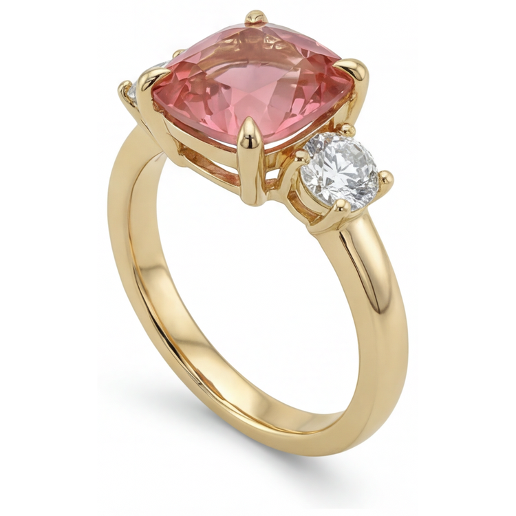 Bague de Fiançailles en Or Jaune 14K avec Saphir Padparadscha de laboratoire de 4,6 Carats, Taille Coussin, Trois Pierres