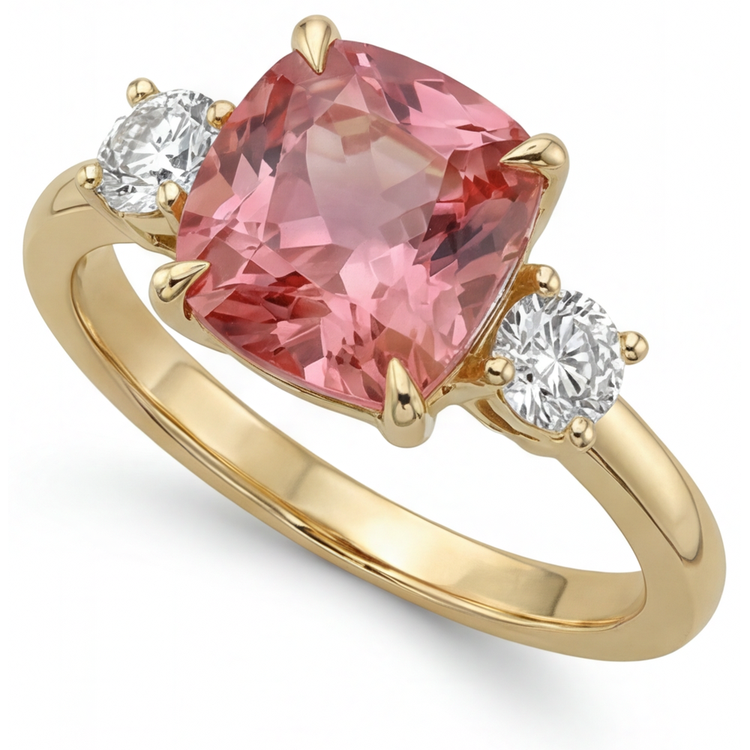 Bague de Fiançailles en Or Jaune 14K avec Saphir Padparadscha de laboratoire de 4,6 Carats, Taille Coussin, Trois Pierres