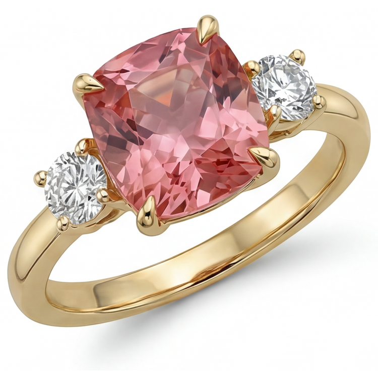 Bague de Fiançailles en Or Jaune 14K avec Saphir Padparadscha de laboratoire de 4,6 Carats, Taille Coussin, Trois Pierres