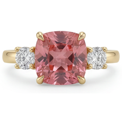 Bague de Fiançailles en Or Jaune 14K avec Saphir Padparadscha de laboratoire de 4,6 Carats, Taille Coussin, Trois Pierres