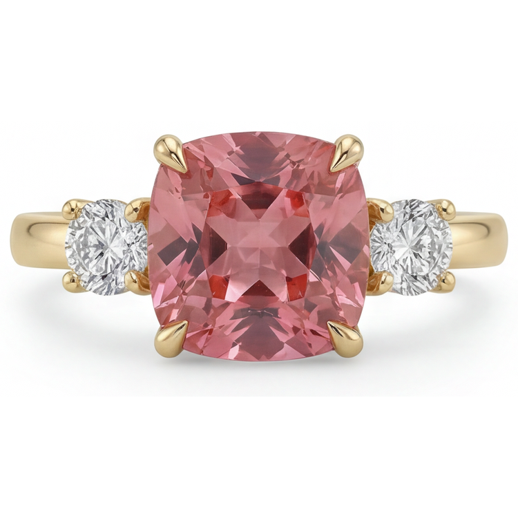 Bague de Fiançailles en Or Jaune 14K avec Saphir Padparadscha de laboratoire de 4,6 Carats, Taille Coussin, Trois Pierres