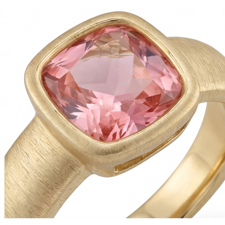 Bague Solitaire Or Jaune 14K Saphir Pêche 4 Carats de laboratoire Coussin Padparadscha sertie Lunette