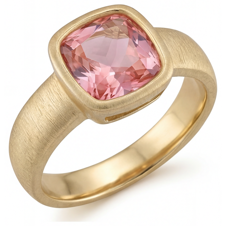 Bague Solitaire Or Jaune 14K Saphir Pêche 4 Carats de laboratoire Coussin Padparadscha sertie Lunette