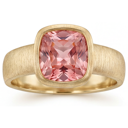 Bague Solitaire Or Jaune 14K Saphir Pêche 4 Carats de laboratoire Coussin Padparadscha sertie Lunette
