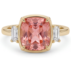 Bague trois pierres saphir Padparadscha véritable taille coussin 3,4 carats et diamants baguette blancs en Or Jaune 14 carats