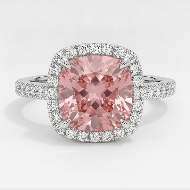 Bague Halo Pavé en Or Blanc 14 Carats avec Saphir Padparadscha Pêche Naturel Taille Coussin 2,8 Carats