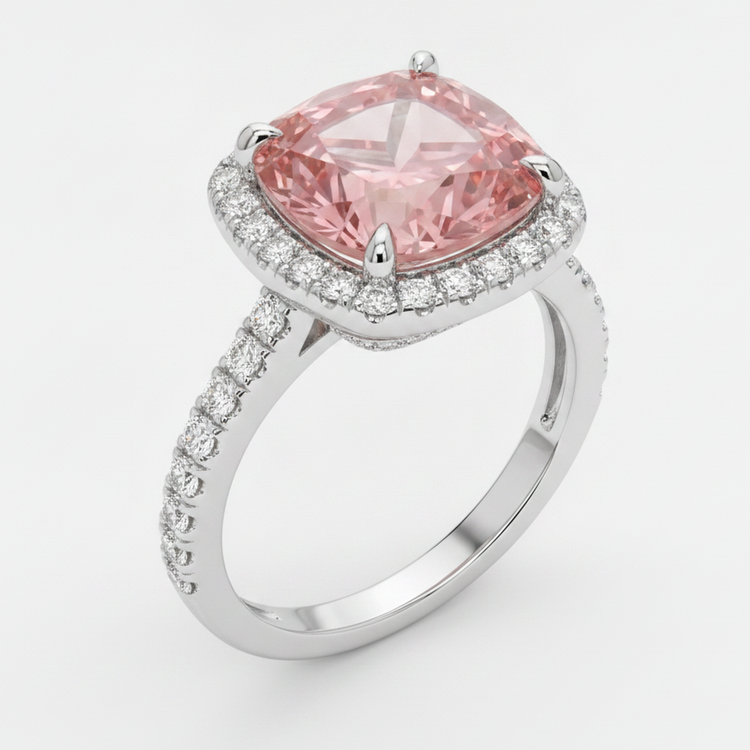 Bague Halo Pavé en Or Blanc 14 Carats avec Saphir Padparadscha Pêche Naturel Taille Coussin 2,8 Carats