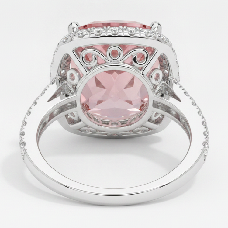 Bague Halo Pavé en Or Blanc 14 Carats avec Saphir Padparadscha Pêche Naturel Taille Coussin 2,8 Carats