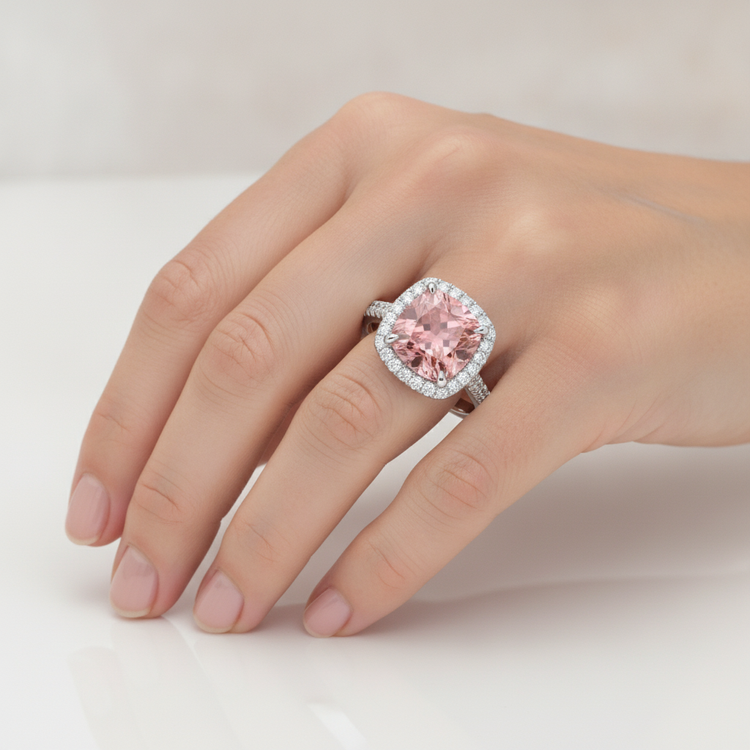 Bague Halo Pavé en Or Blanc 14 Carats avec Saphir Padparadscha Pêche Naturel Taille Coussin 2,8 Carats