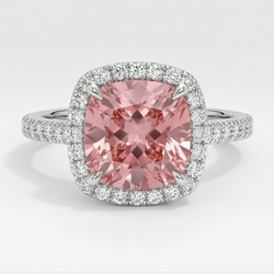 Bague Halo Pavée en Or Blanc 14K avec Saphir Padparadscha Pêche Naturel Taille Coussin de 2,8 Carats