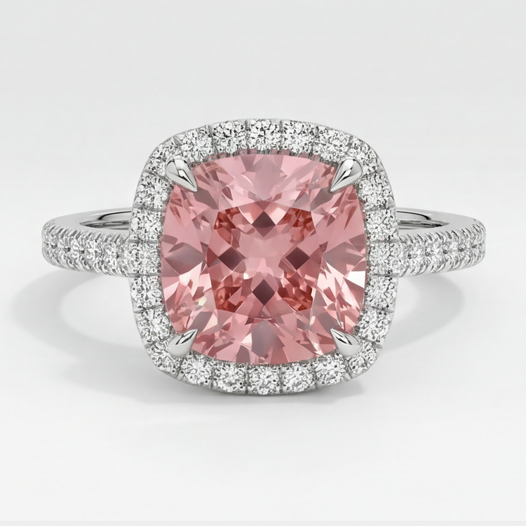 Bague Halo Pavée en Or Blanc 14K avec Saphir Padparadscha Pêche Naturel Taille Coussin de 2,8 Carats