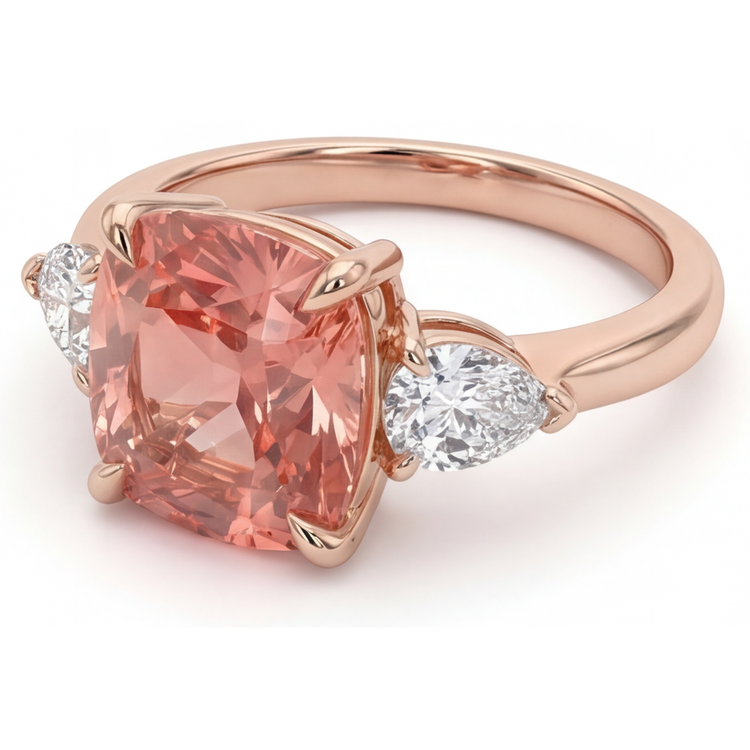 Bague de Fiançailles Saphir Padparadscha Naturel Coussin 2,9 Carats Trois Pierres Anneau Simple en Or Rose 14K