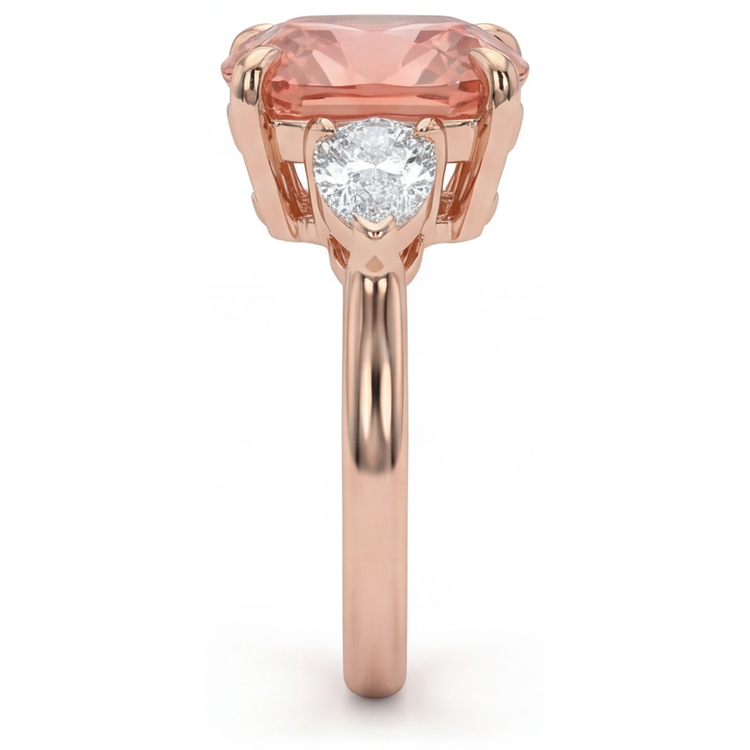 Bague de Fiançailles Saphir Padparadscha Naturel Coussin 2,9 Carats Trois Pierres Simple en Or Rose 14K