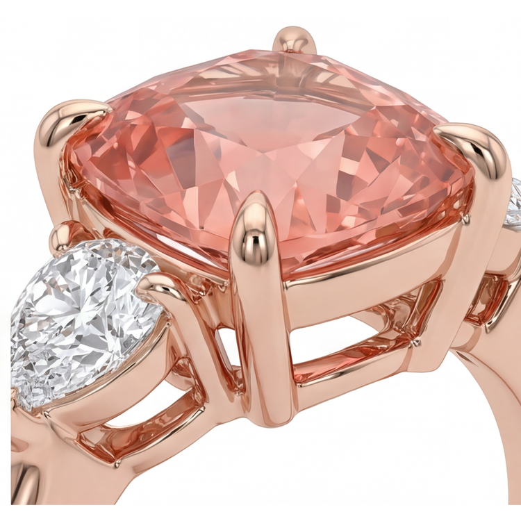 Bague de Fiançailles Saphir Padparadscha Naturel Coussin 2,9 Carats Trois Pierres Anneau Simple en Or Rose 14K