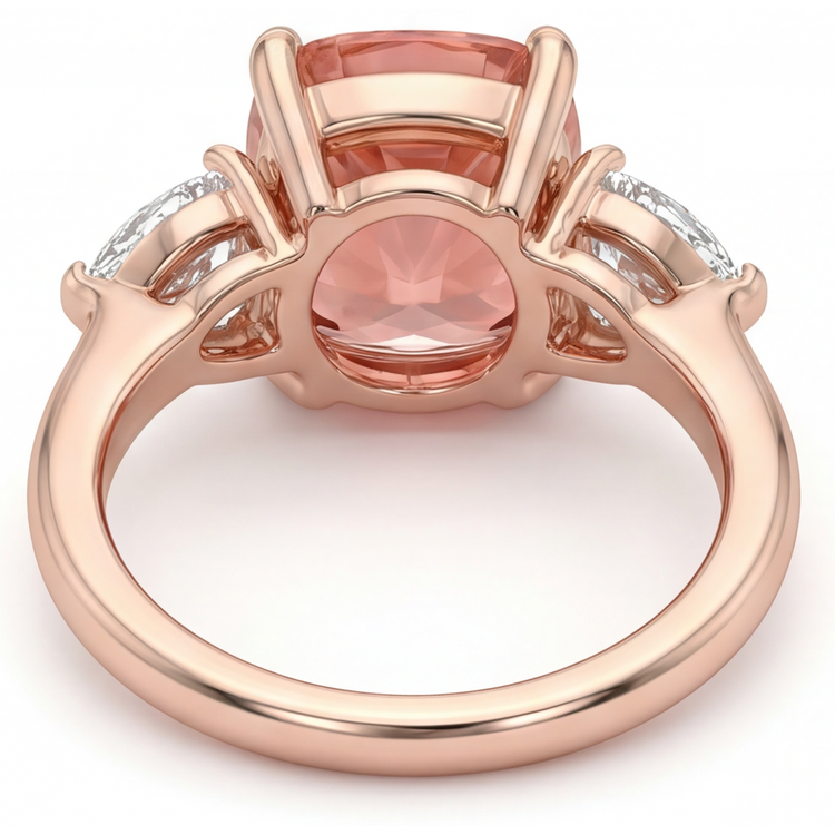 Bague de Fiançailles Saphir Padparadscha Naturel Coussin 2,9 Carats Trois Pierres Anneau Simple en Or Rose 14K