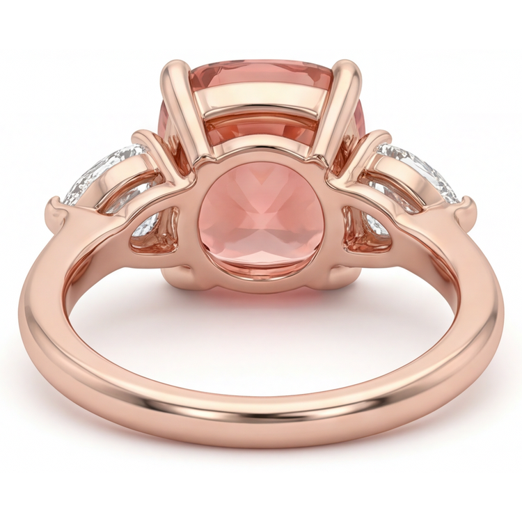 Bague de Fiançailles Saphir Padparadscha Naturel Coussin 2,9 Carats Trois Pierres Anneau Simple en Or Rose 14K