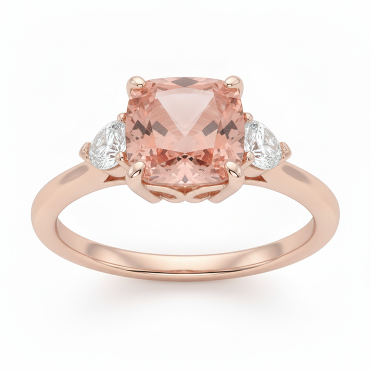 Bague trois pierres en Or Rose 14 carats avec saphir padparadscha pêche naturel taille coussin de 2,9 carats et demi-lunes blanches