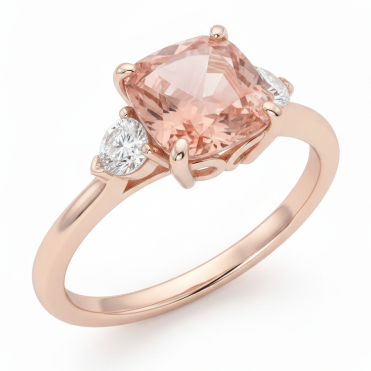 Bague trois pierres en Or Rose 14 carats avec saphir padparadscha pêche naturel taille coussin de 2,9 carats et demi-lunes blanches