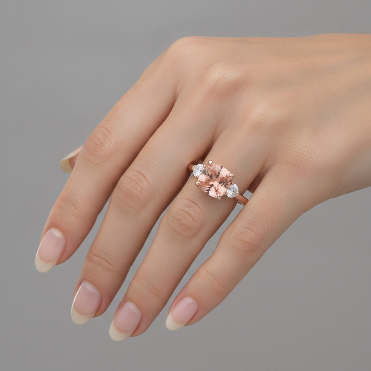Bague trilogie en Or Rose 14 carats avec saphir Padparadscha pêche naturel taille coussin de 2,9 carats et demi-lunes blanches