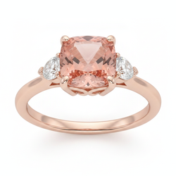 Bague trois pierres en Or Rose 14 carats avec saphir padparadscha pêche naturel taille coussin de 2,9 carats et demi-lunes blanches