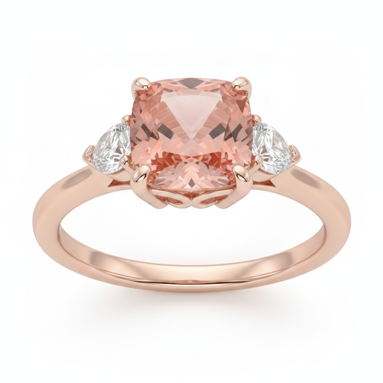 Bague trilogie en Or Rose 14 carats avec saphir Padparadscha pêche naturel taille coussin de 2,9 carats et demi-lunes blanches
