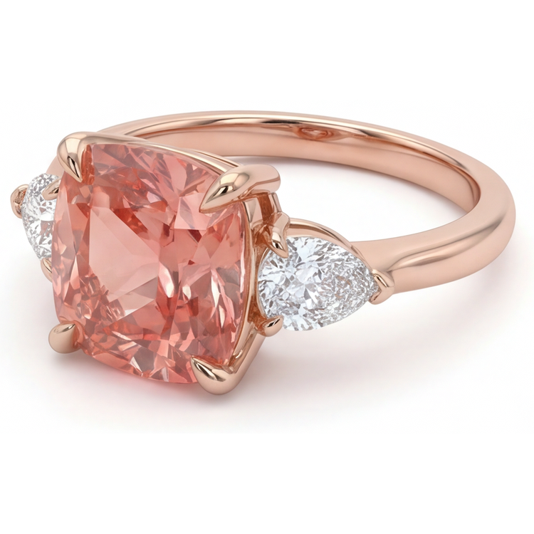 Bague trois pierres effilée en Or Rose 14 carats avec saphir Padparadscha pêche naturel taille coussin de 2,9 carats