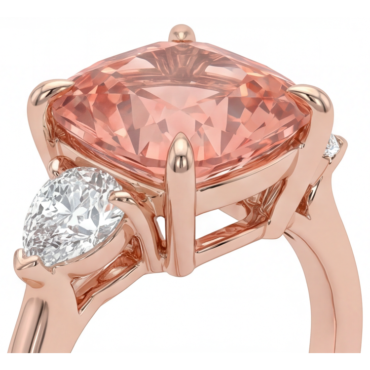 Bague trois pierres effilée en Or Rose 14 carats avec saphir Padparadscha pêche naturel taille coussin de 2,9 carats