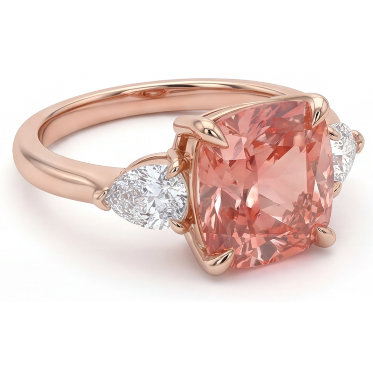 Bague trois pierres effilée en Or Rose 14 carats avec saphir padparadscha pêche naturel taille coussin 2,9 carats