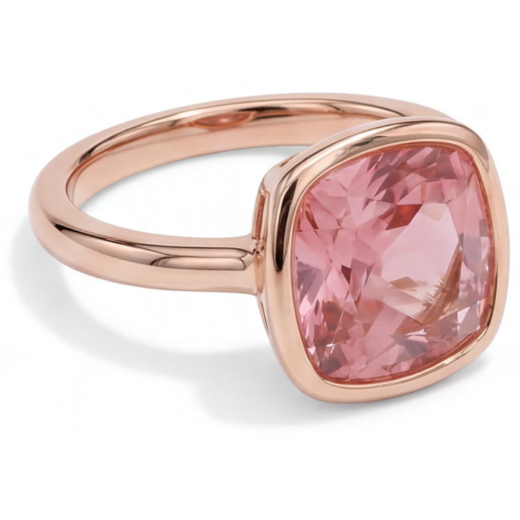 Bague de Fiançailles Solitaire Saphir Padparadscha Véritable 2,5 Carats Taille Coussin Lunette Or Rose 14 Carats