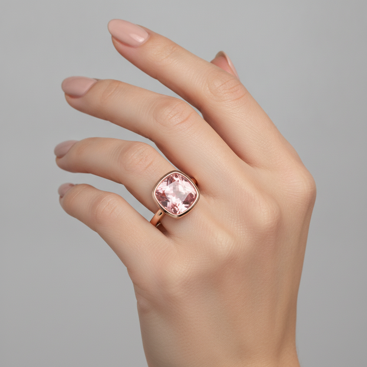 Bague de Fiançailles Solitaire en Saphir Padparadscha Véritable Coussin 2,5 Carats Lunette Or Rose 14K