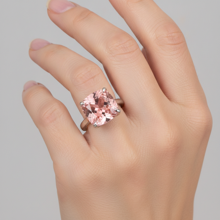 Bague de Fiançailles Solitaire Cathédrale en Or Blanc 14K avec Véritable Saphir Padparadscha Pêche Taille Coussin 3 Carats