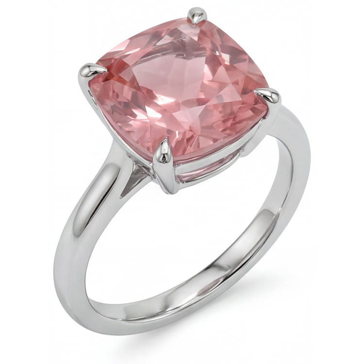 Bague de Fiançailles Solitaire Cathédrale en Or Blanc 14 Carats avec Véritable Saphir Padparadscha Pêche Coussin de 3 Carats